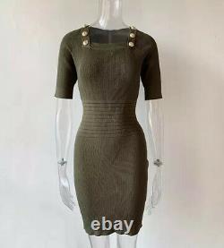 Knit Bandage Bodycon Army Green Mini Dress With Gold Buttons Elegant Outfit