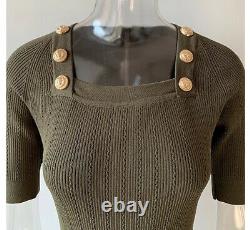 Knit Bandage Bodycon Army Green Mini Dress With Gold Buttons Elegant Outfit