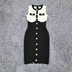 Knit Bandage Bodycon Black Midi Dress With Gold Buttons Elegant Outfit