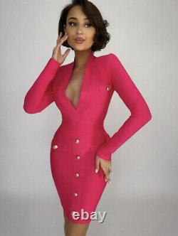 Knit Bandage Bodycon Fuchsia Mini Dress With Gold Buttons Elegant Outfit