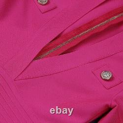 Knit Bandage Bodycon Fuchsia Mini Dress With Gold Buttons Elegant Outfit