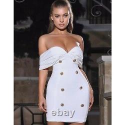 Knit Bandage Bodycon White Mini Dress With Gold Buttons Elegant Outfit