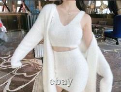 Knit mohair style white skirt tank top cardigan jacket suit outfit set 3 pcs