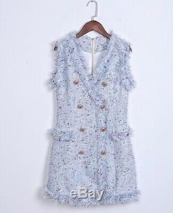 Luxury Tweed Blazer Mini Dress With Gold Buttons Occasion Outfit