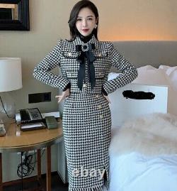 Luxury chic houndstooth gold tweed jacket blazer pencil skirt suit set outfit 2