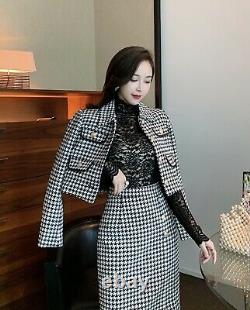 Luxury chic houndstooth gold tweed jacket blazer pencil skirt suit set outfit 2