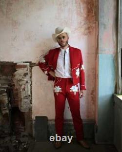 Men 2Pc Red Country Western Wedding Embroidered Blazer & High waist Pant Outfit
