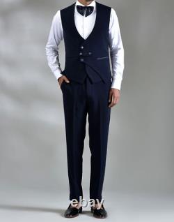 Men Blue Cotton Waist Coat And Pant Customize For Prom Business Formal Outfit