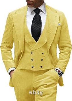 Men Corduroy Suit Yellow Striped Leisure Outfit Party Prom Groom Wedding Tuxedo