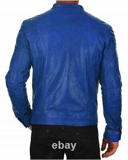 Men Leather Jacket Genuine Biker Motorcycle Blue Lambskin Leather Jacket Outfit