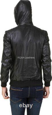 Men Outfit Authentic Lambskin Real Leather Black Jacket Hooded Casual Biker Coat