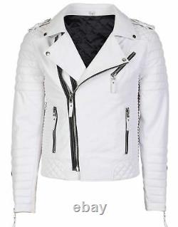 Men's 100% Genuine Lambskin Leather Jacket Biker Motorcycle WHITE Leather Outfit