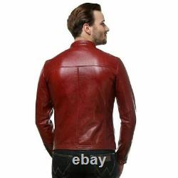 Men's Deep Red Real Leather Jacket Pure Lambskin Biker Coat Amazing Style Outfit