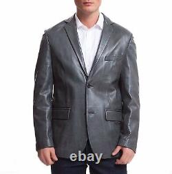 Men's Genuine Real Lambskin Leather Blazer Grey Coat TWO BUTTON Authentic Outfit