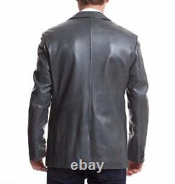 Men's Genuine Real Lambskin Leather Blazer Grey Coat TWO BUTTON Authentic Outfit