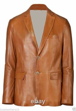 Men's Genuine Soft Lambskin Leather Blazer Jacket Tan TWO BUTTON Men Outfit Coat