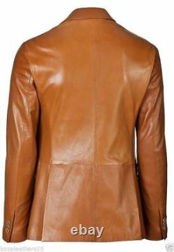 Men's Genuine Soft Lambskin Leather Blazer Jacket Tan TWO BUTTON Men Outfit Coat