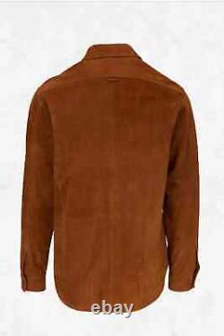 Men's Genuine Suede Leather Shirt Solid brown Slim Fit Biker Shirt Jacket outfit
