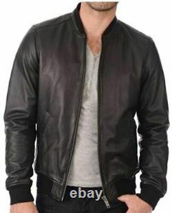 Men's Leather Jacket Black Bomber Biker Motorcycle Genuine Soft Lambskin Outfit