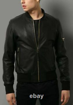 Men's Real Leather Jacket Black Bomber Biker Motorcycle Genuine Lambskin Outfit