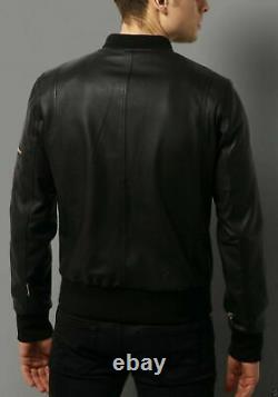 Men's Real Leather Jacket Black Bomber Biker Motorcycle Genuine Lambskin Outfit
