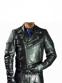Men's Real Quilted Motorcycle Belted Biker Jacket Genuine Lambskin Jacket Outfit