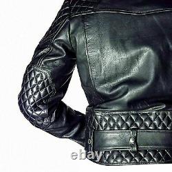 Men's Real Quilted Motorcycle Belted Biker Jacket Genuine Lambskin Jacket Outfit