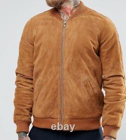 Men's Real Suede Leather Jacket TAN Bomber Biker Flight Authentic Jacket Outfit
