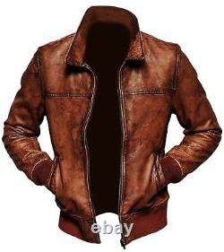 Men's Tan Brown Leather Jacket Vintage Distressed Bomber Biker Motorcycle Outfit