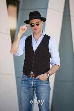 Men's Waist Coat Brown Cotton Vest Outfit Custom Made Summer Business Casual