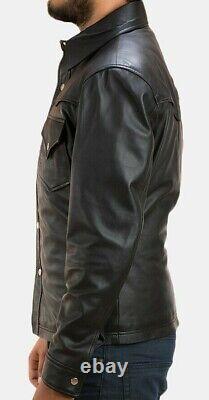 Mens Leather Jacket Shirt Black Genuine Lambskin Leather Shirt Men Jacket Outfit