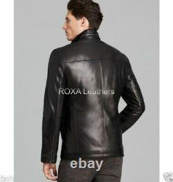 Model Men Outfit Button Coat Genuine Lambskin Natural Leather Black Biker Jacket