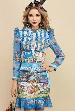 Multicolor blue chic runway baroque angel shirt blouse skirt outfit suit set 2