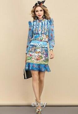 Multicolor blue chic runway baroque angel shirt blouse skirt outfit suit set 2