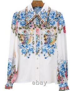 Multicolor blue chic runway baroque floral shirt blouse skirt outfit suit set