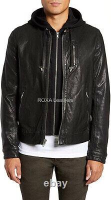 NEW Patent Men Authentic Sheepskin Pure Leather Black Hooded Outfit Biker Jacket