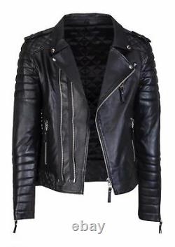 New Men's Genuine Lambskin Leather Jacket Black Biker Motorcycle Trendy Outfit