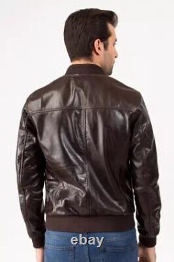 New Mens Brown Bomber Leather Jacket Genuine Lambskin Casual Biker Jacket Outfit