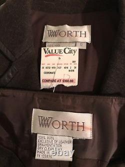 New WORTH NY Brown Skirt Blazer Power Suit Set Outfit Wool Leather Career Sz 0