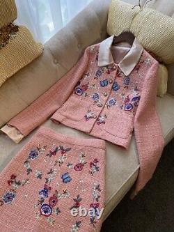 Peach pink embroidered twill tweed pearl skirt jacket blazer jacket suit outfit