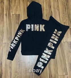 Pink Victoria's Secret Sequin Bling Zip Hoodie And Joggers Outfit Set Size M/s