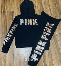 Pink Victoria's Secret Sequin Bling Zip Hoodie And Joggers Outfit Set Size M/s
