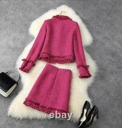 Pink fuchsia black tweed fringed fringe skirt blazer jacket suit outfit set 2 pc