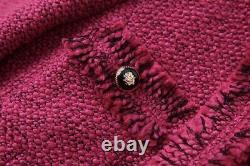 Pink fuchsia black tweed fringed fringe skirt blazer jacket suit outfit set 2 pc