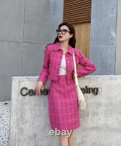 Pink plaid fuchsia tweed rhinestone pencil skirt blazer jacket suit outfit set