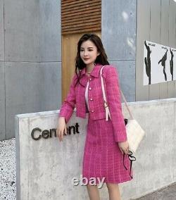 Pink plaid fuchsia tweed rhinestone pencil skirt blazer jacket suit outfit set