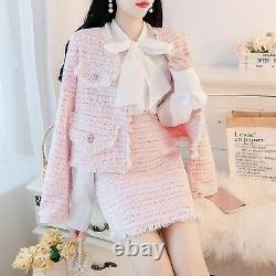 Pink tweed plaid fringe sequin jacket blazer skirt suit set outfit 2 pcs