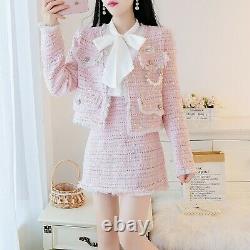 Pink tweed plaid fringe sequin jacket blazer skirt suit set outfit 2 pcs