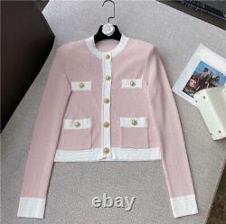 Pink white knit gold button skirt top cardigan jacket set suit outfit 3 pc