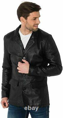 Real Leather Jacket Blazer Men's Genuine Lambskin Soft Black Three Button Outfit